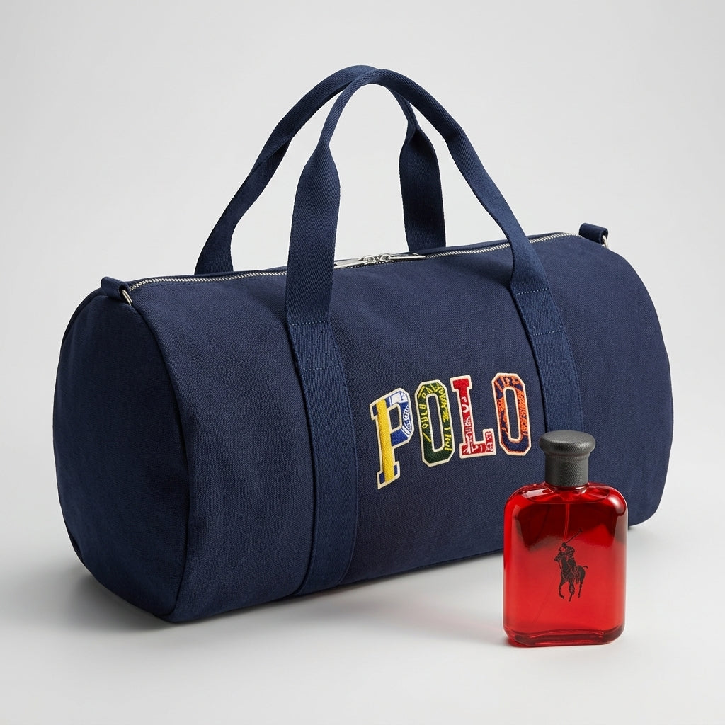 Feature showcase of dual handles zipper and Polo Red 4.2 fl oz cologne bottle
