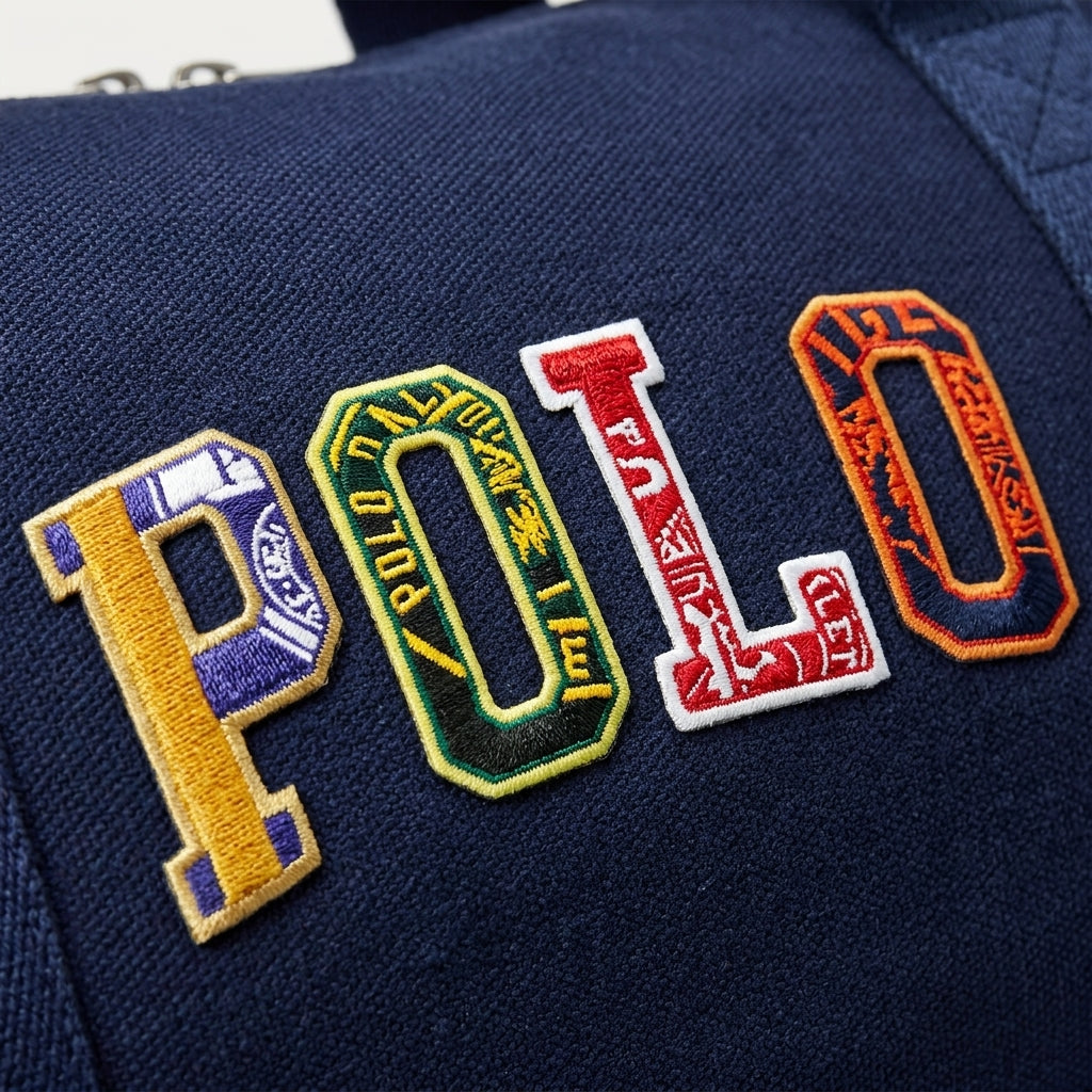 Close-up detail of embroidered collegiate POLO varsity patches on navy canvas duffle bag