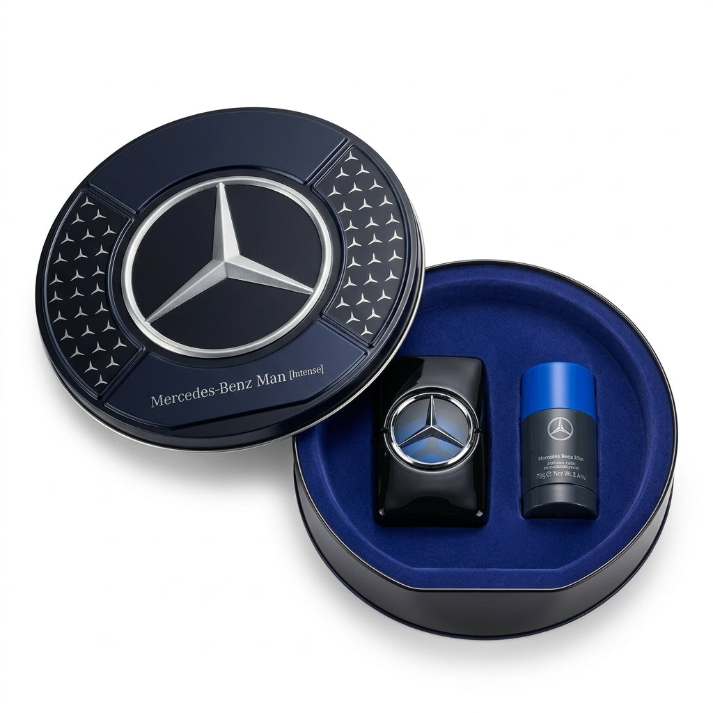 Mercedes-Benz Man Intense fragrance gift set in open round tin on pure white background