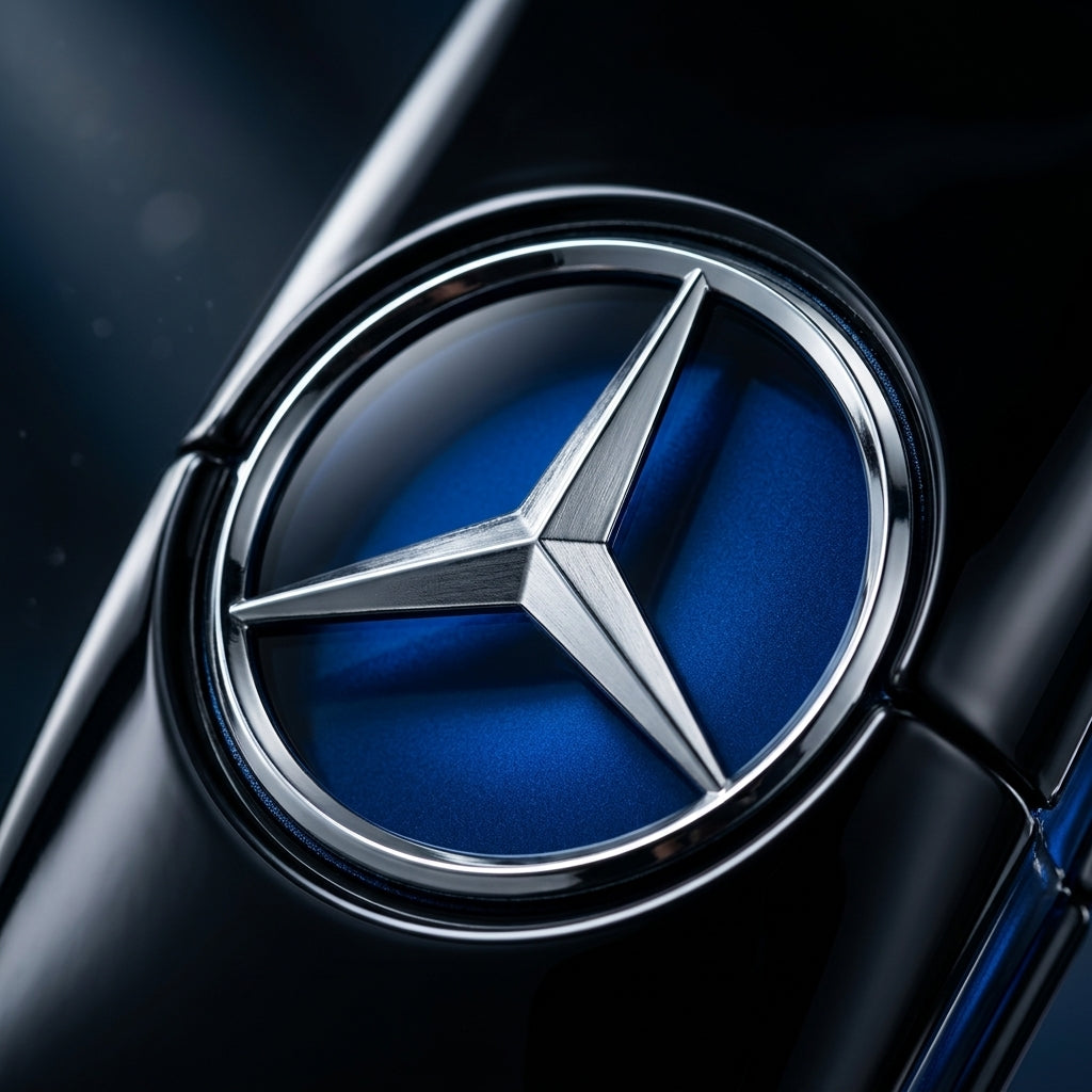 Macro close-up of Mercedes-Benz chrome star emblem on black fragrance bottle