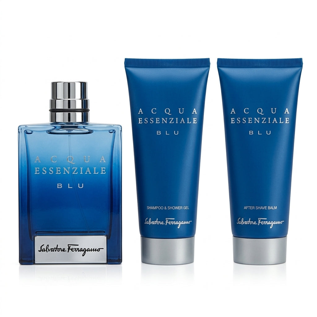 Salvatore Ferragamo Acqua Essenziale Blu 3-Piece Set on pure white background