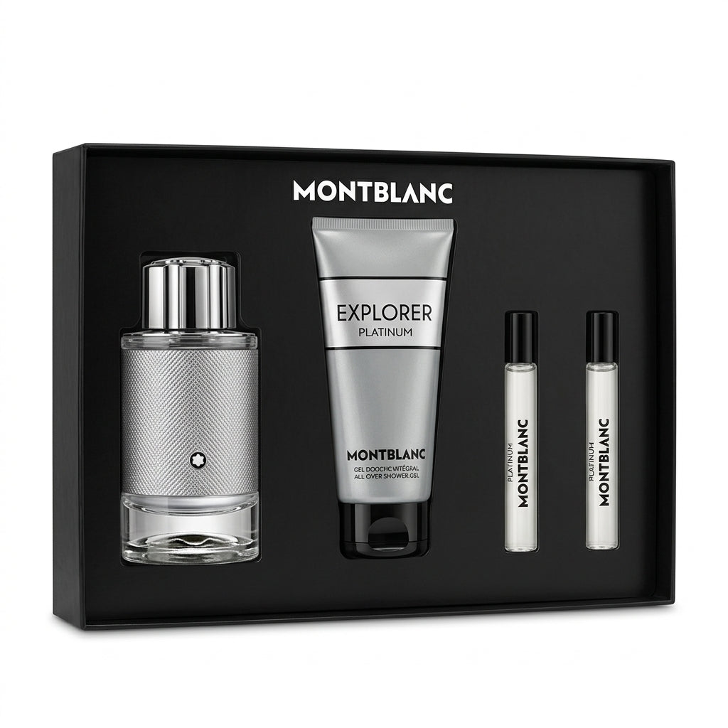 Montblanc Explorer Platinum 4-piece set with two clear 10ml travel spray vials on white background