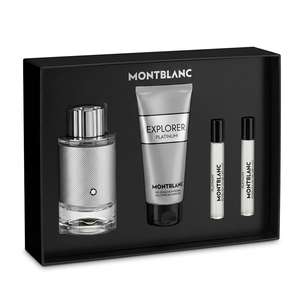 Montblanc Explorer Platinum fragrance gift set angled studio display on white background