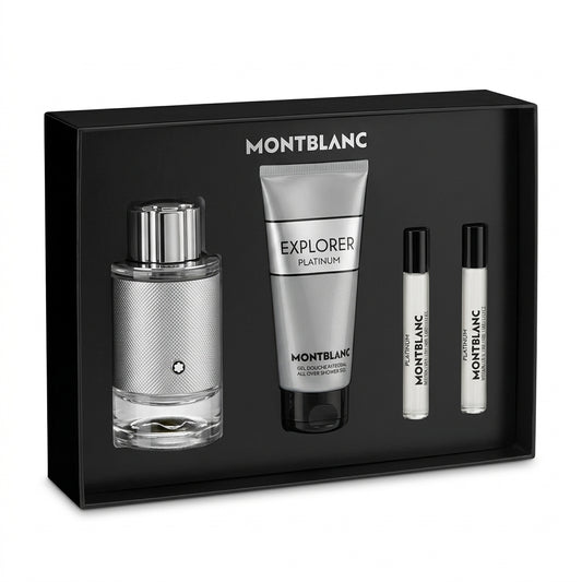 Montblanc Explorer Platinum fragrance gift set angled studio display on white background