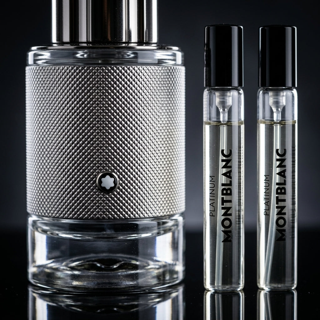 Macro detail of textured silver sleeve and clear travel spray vials
