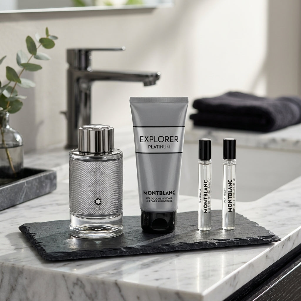 Montblanc Explorer Platinum set on modern luxury slate bathroom vanity