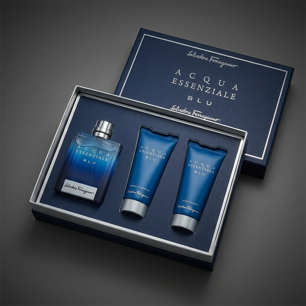 Salvatore Ferragamo Acqua Essenziale Blu 3-piece set inside open luxury presentation box