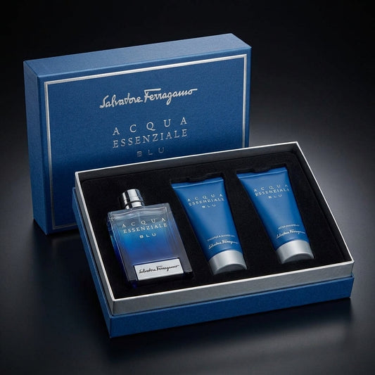 Salvatore Ferragamo Acqua Essenziale Blu grooming set in presentation gift box packaging