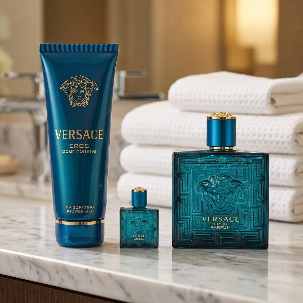 Versace Eros gift set on marble bathroom vanity with towels