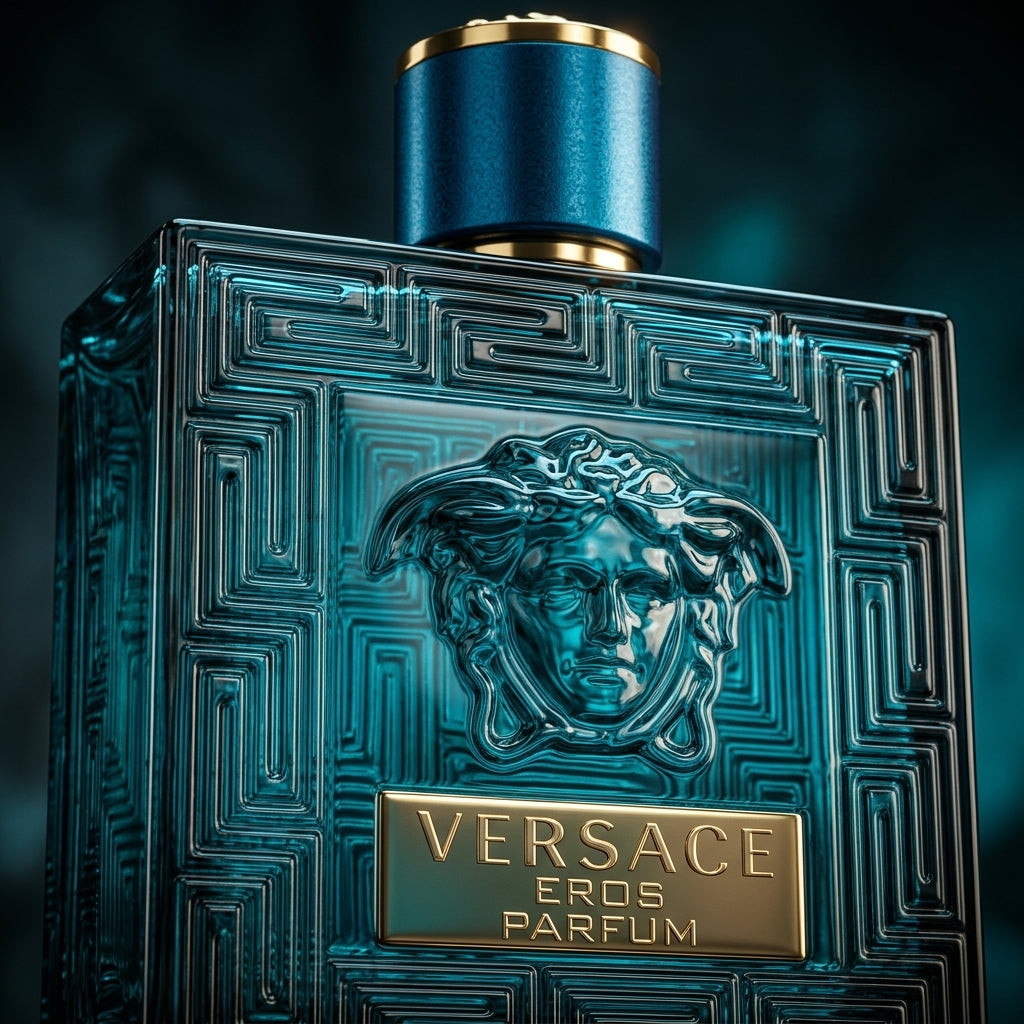 Macro close-up of Versace Eros Parfum bottle and Medusa medallion
