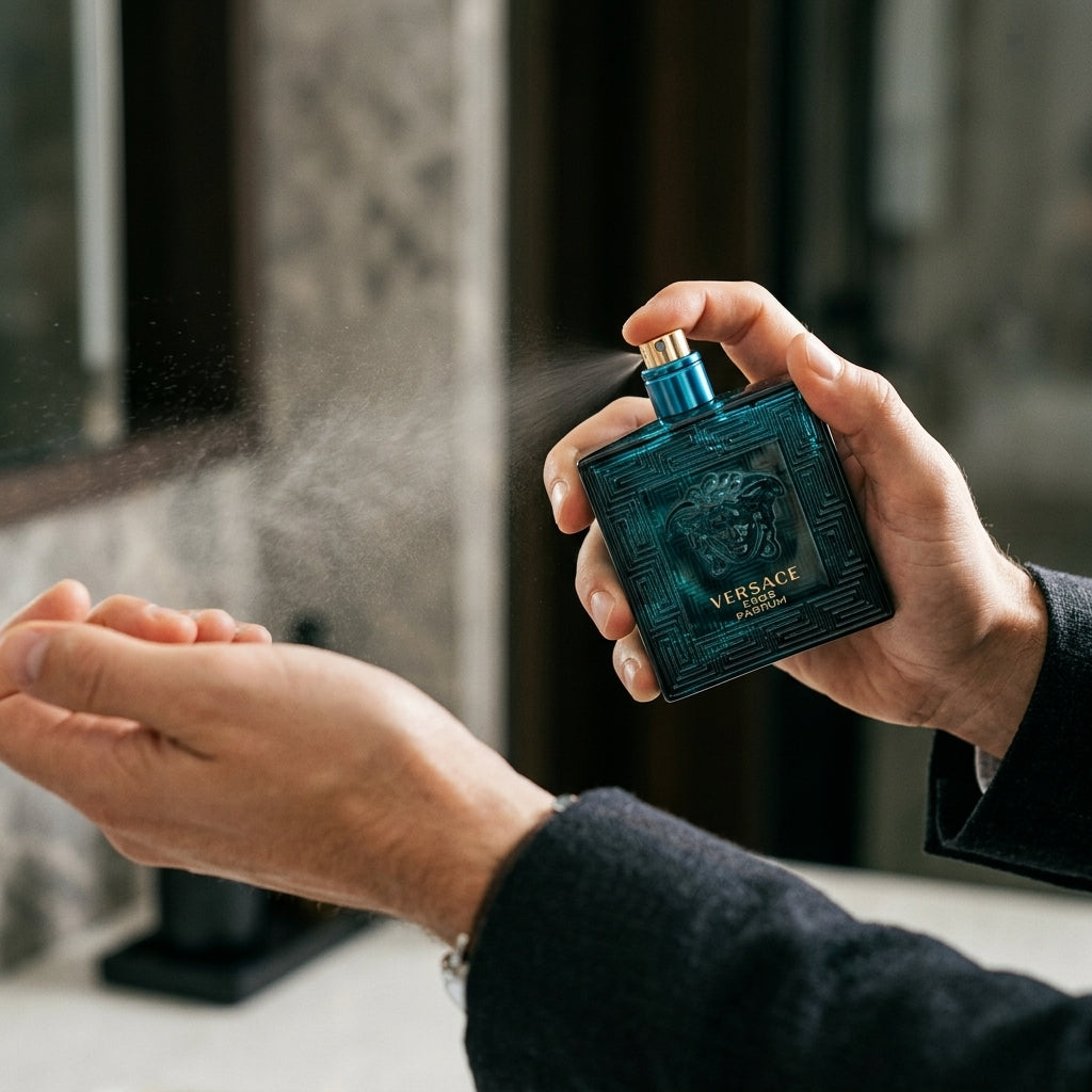 Man spraying Versace Eros Parfum onto wrist