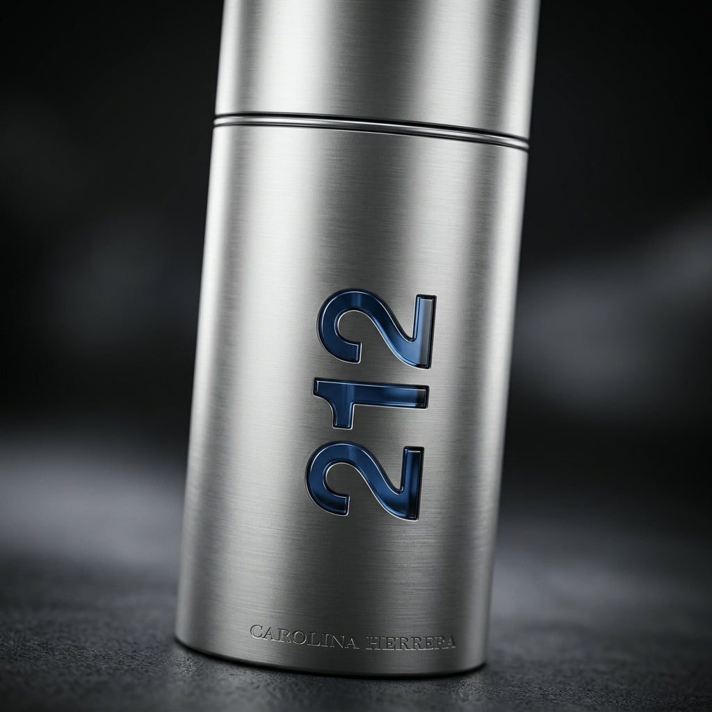 Macro detail of Carolina Herrera 212 Men metallic bottle and branding