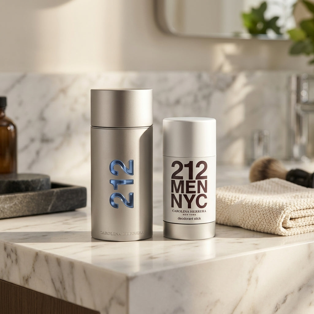 Carolina Herrera 212 Men NYC gift set on luxury marble bathroom vanity