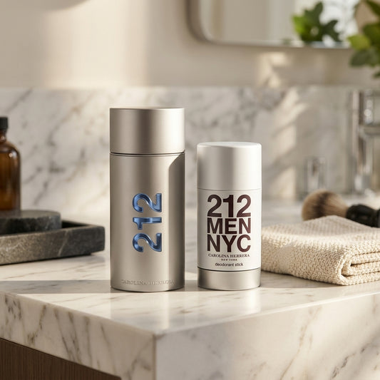 Carolina Herrera 212 Men NYC gift set on luxury marble bathroom vanity