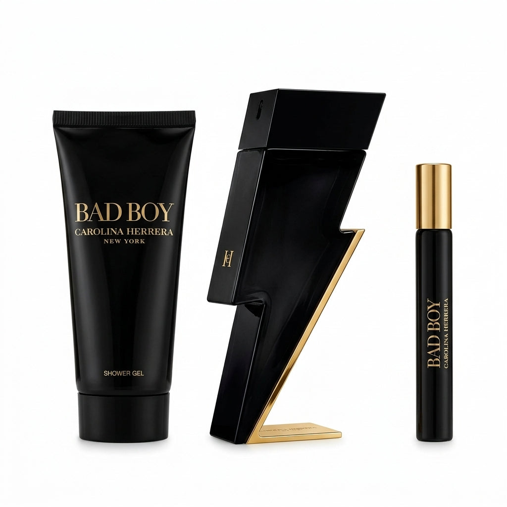 Carolina Herrera Bad Boy Eau de Toilette 3-piece gift set studio packshot on white background