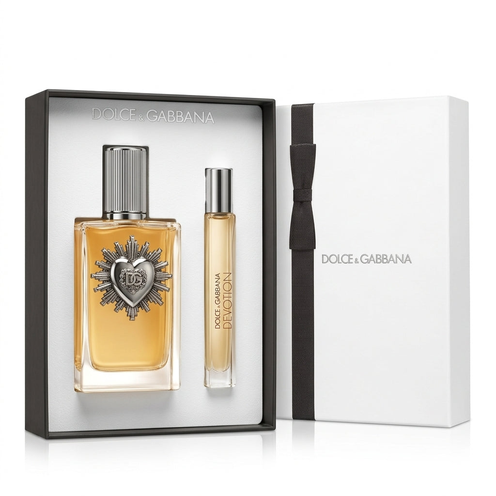 Dolce & Gabbana Devotion Pour Homme Gift Set in open presentation box on pure white background
