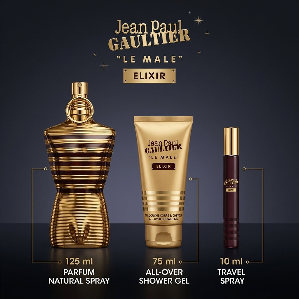 Feature breakdown graphic of Jean Paul Gaultier Le Male Elixir 3-piece set components