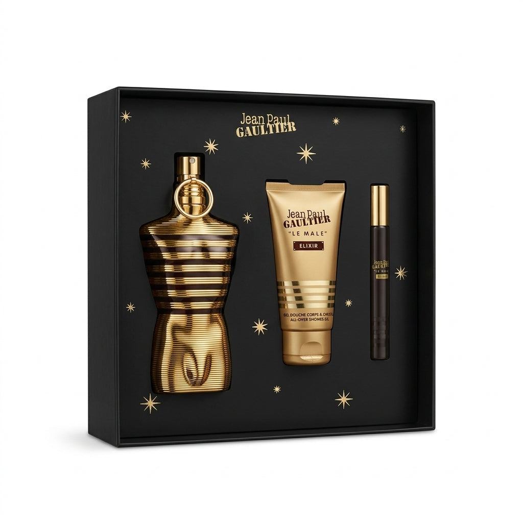 Jean Paul Gaultier Le Male Elixir 3-Piece Gift Set studio shot on white background