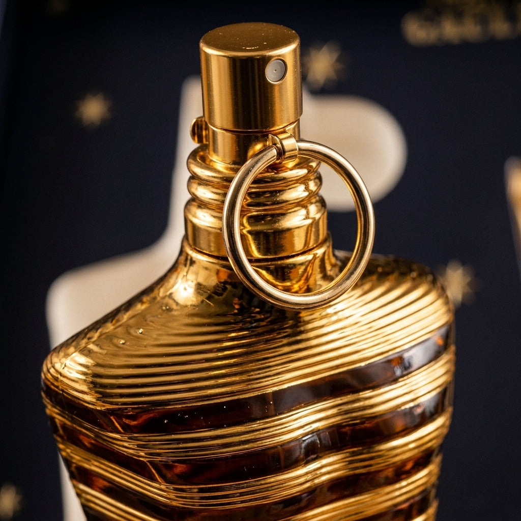 Macro detail of Jean Paul Gaultier Le Male Elixir gold torso bottle and nozzle
