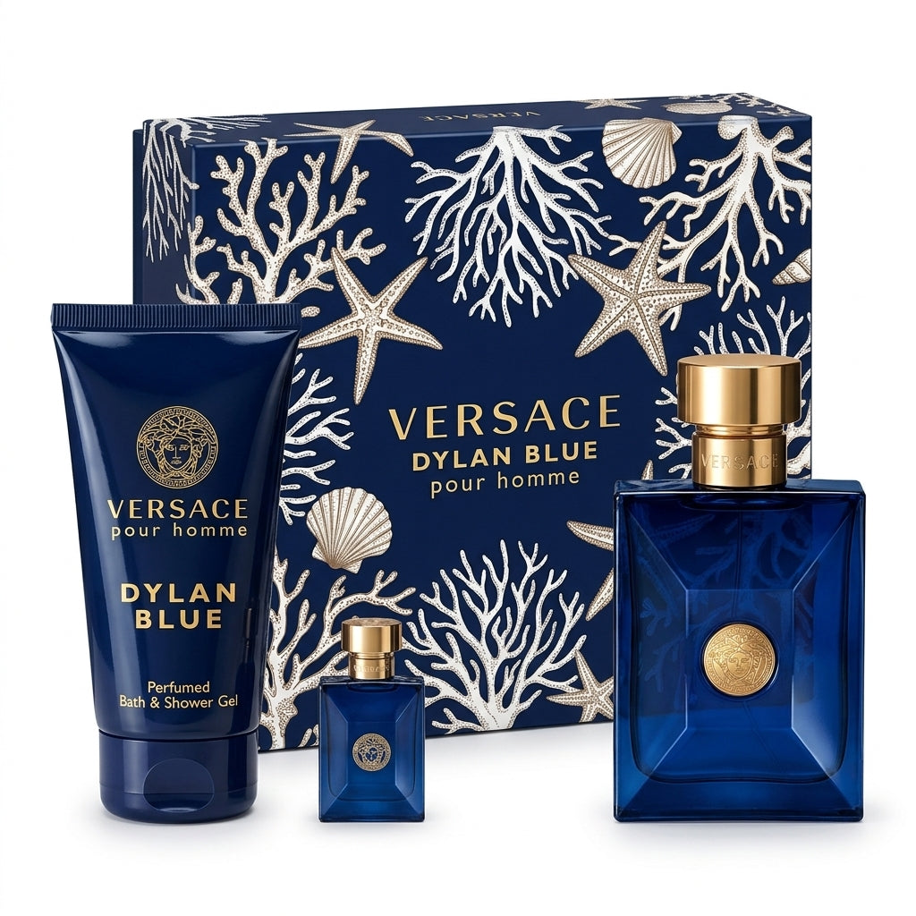 Versace Dylan Blue Pour Homme 3-piece gift set studio shot on white background