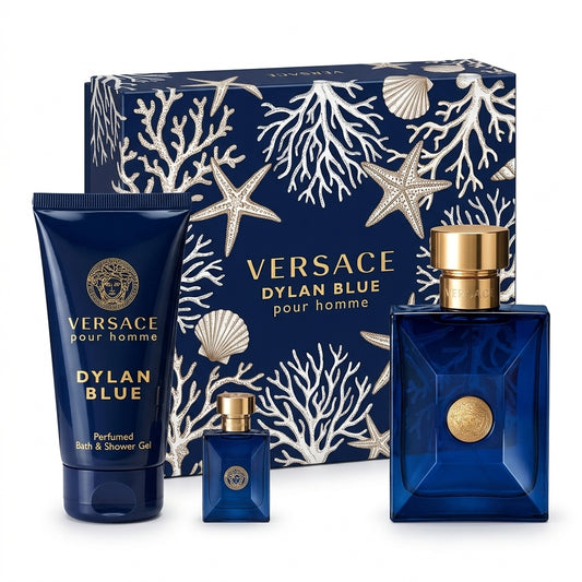Versace Dylan Blue Pour Homme 3-piece gift set studio shot on white background