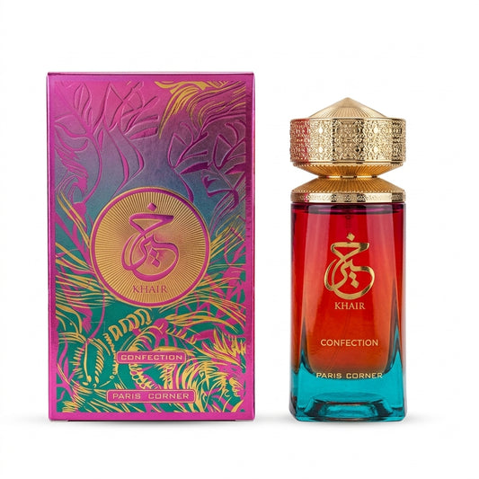 Paris Corner Khair Confection Eau de Parfum bottle and box on white background
