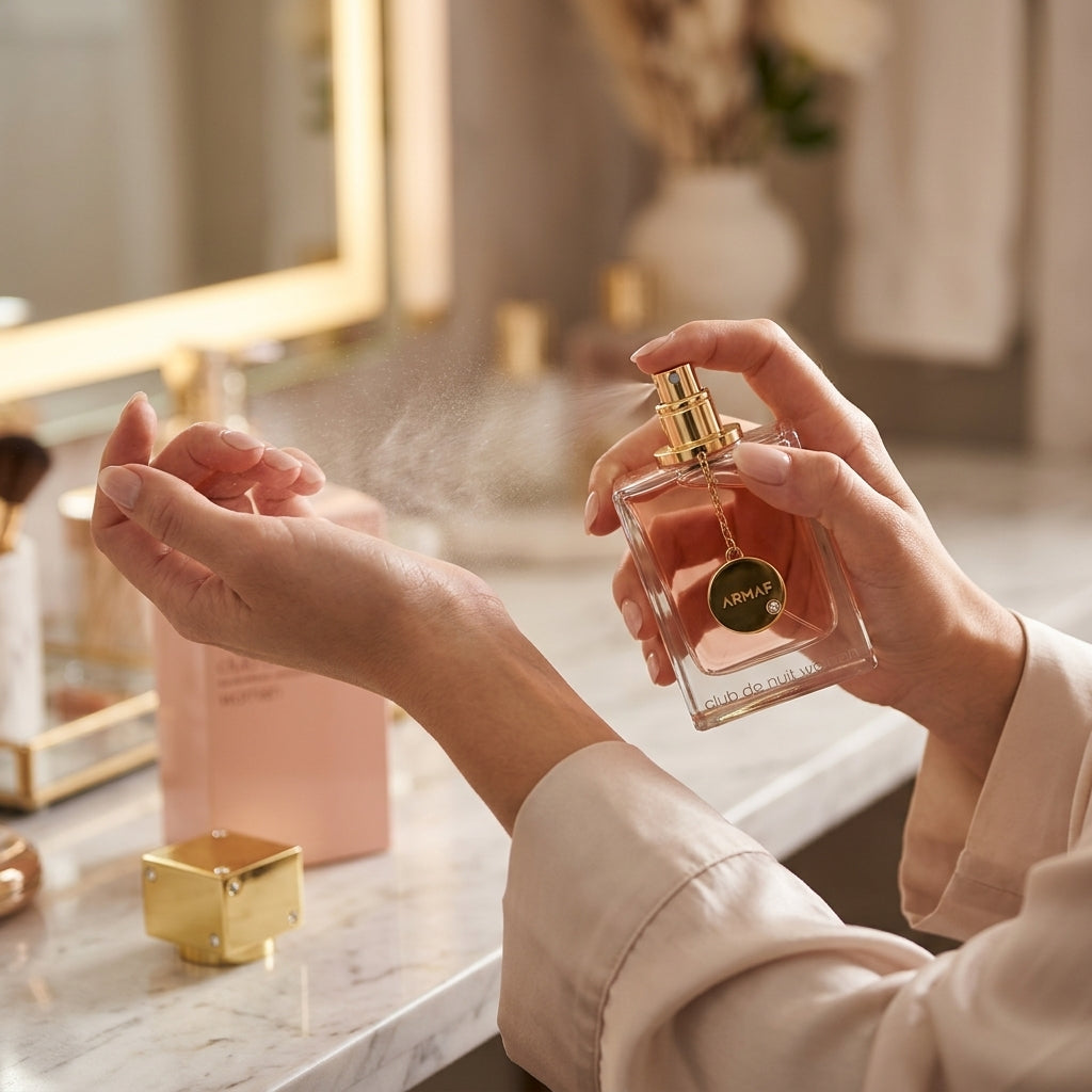 Woman applying Armaf Club de Nuit Woman Eau de Parfum spray to wrist
