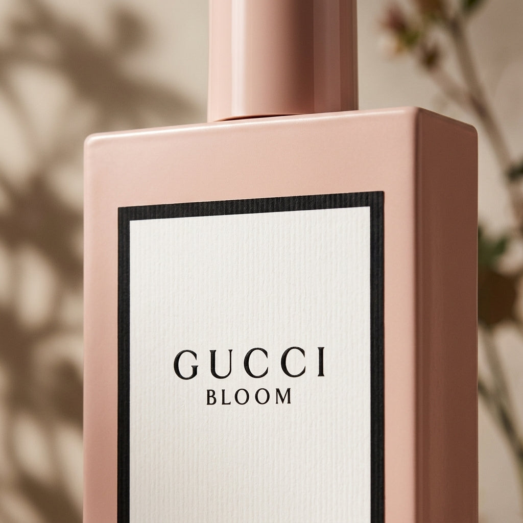 Close-up detail of Gucci Bloom blush pink perfume bottle and label