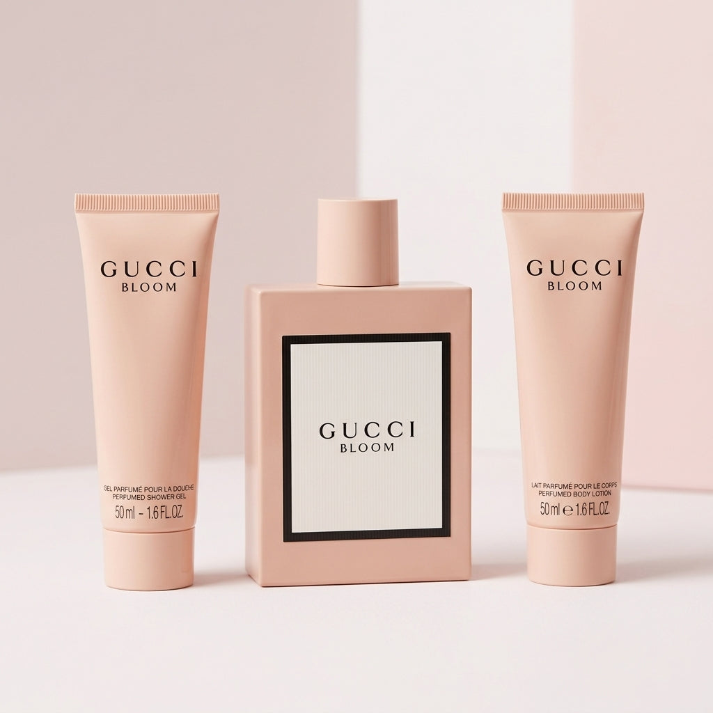 Product volume layout showing 100ml perfume and two 50ml body care tubes