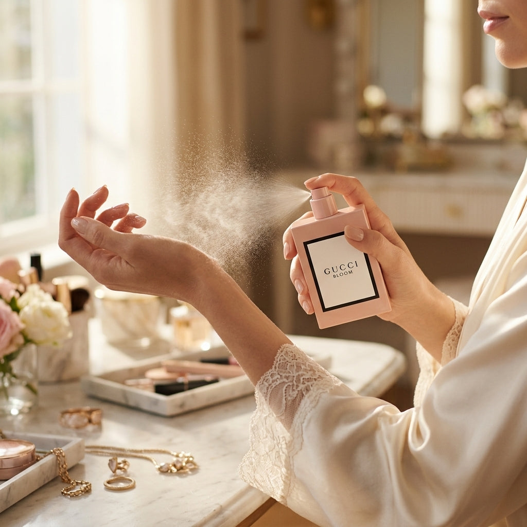 Woman applying Gucci Bloom perfume to wrist during daily routine