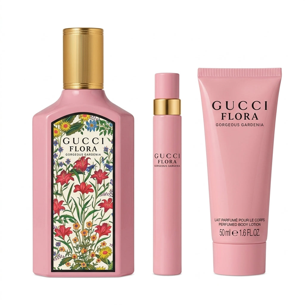 Gucci Flora Gorgeous Gardenia 3-Piece Fragrance Gift Set White Background Studio Shot