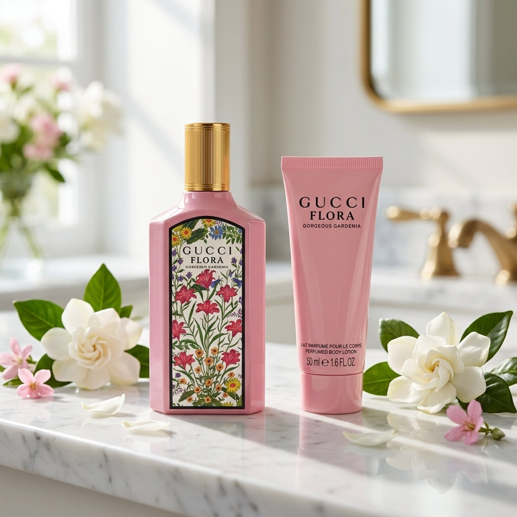 Gucci Flora Gorgeous Gardenia Perfume and Body Lotion on Marble Vanity