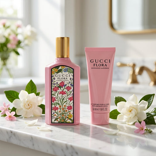 Gucci Flora Gorgeous Gardenia Perfume and Body Lotion on Marble Vanity