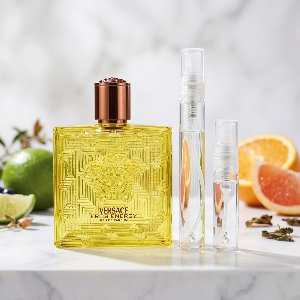 Versace Eros Energy Eau de Parfum full bottle alongside 5ml and 10ml travel sample decant spray vials