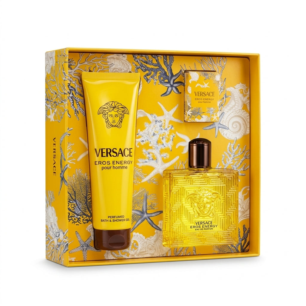 Versace Eros Energy Pour Homme 3-Piece Fragrance Gift Set in presentation box on pure white background