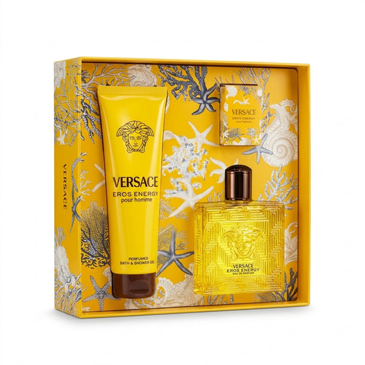 Versace Eros Energy Pour Homme 3-Piece Fragrance Gift Set in presentation box on pure white background
