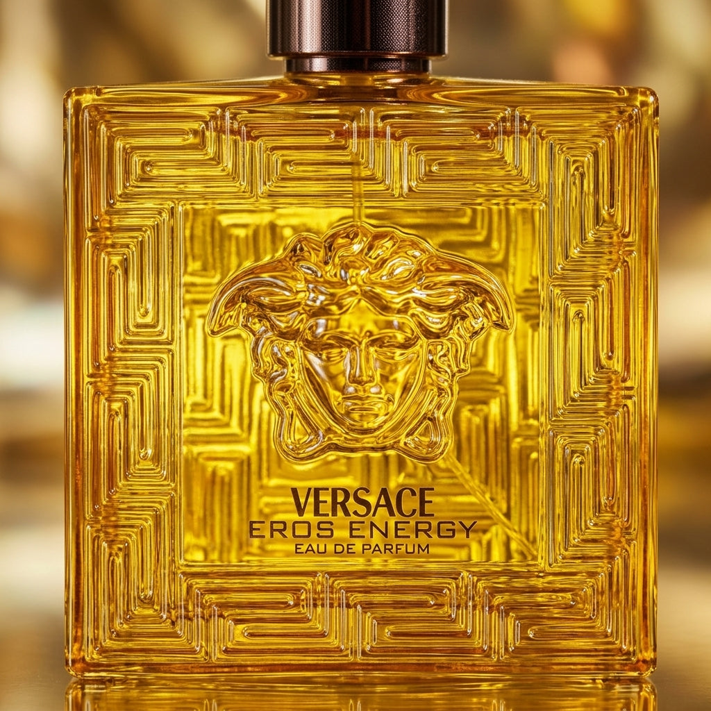 Macro detail of Versace Eros Energy bottle showing sculpted Medusa emblem and Greek key motifs