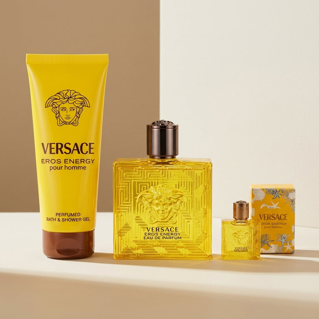 Three-piece set contents display including 100ml EDP, 150ml body wash, and 5ml mini bottle