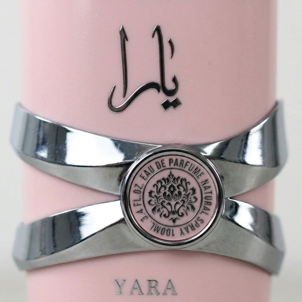 Yara by Lattafa fragrance bottle detail and silver emblem