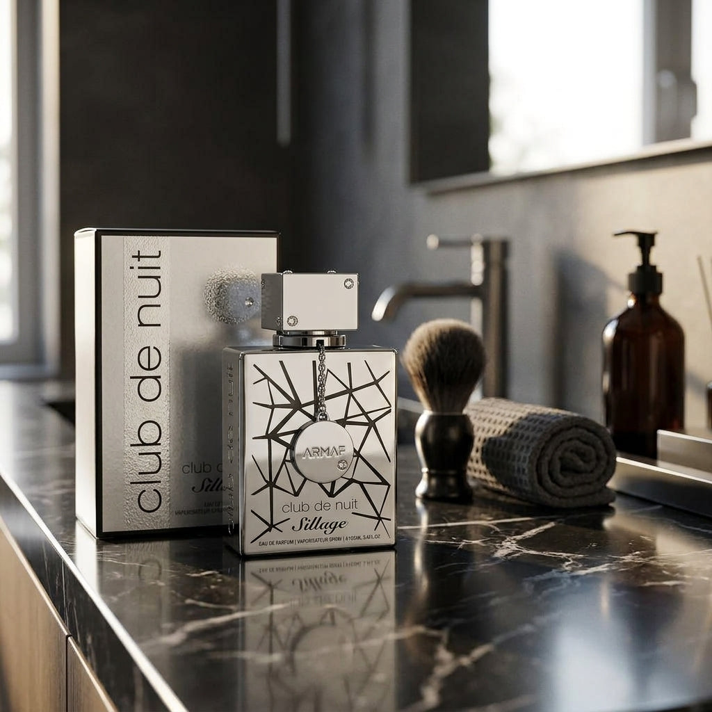 Armaf Club de Nuit Sillage perfume on luxury marble vanity