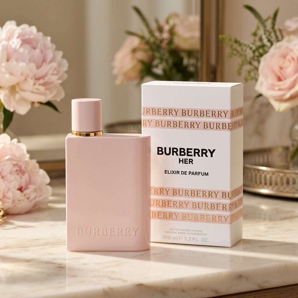Burberry Her Elixir de Parfum 100ml bottle on vanity display