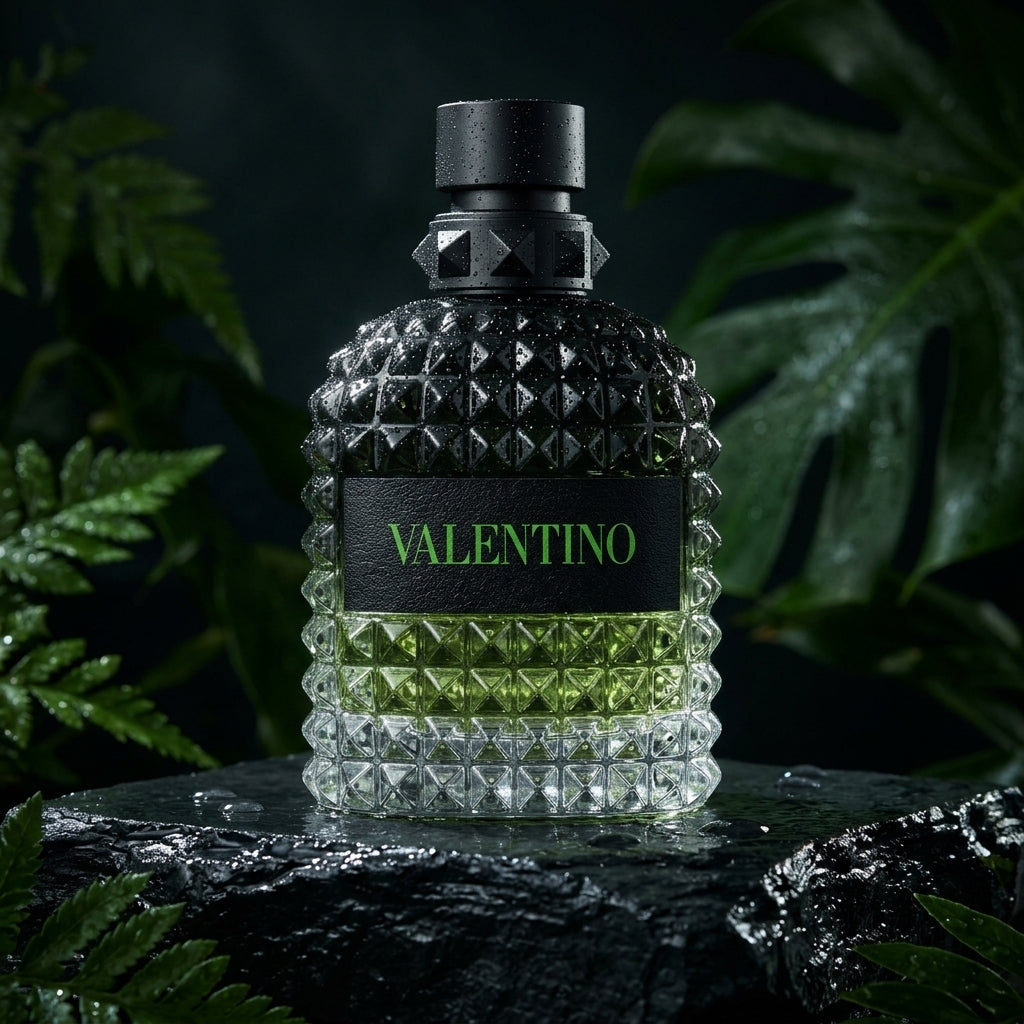 Valentino Uomo Born In Roma Green Stravaganza on dark slate pedestal with green accents