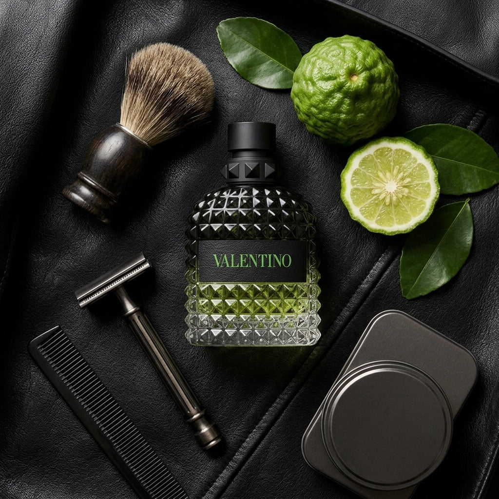 Valentino Uomo Born In Roma Green Stravaganza editorial flatlay with luxury grooming accessories
