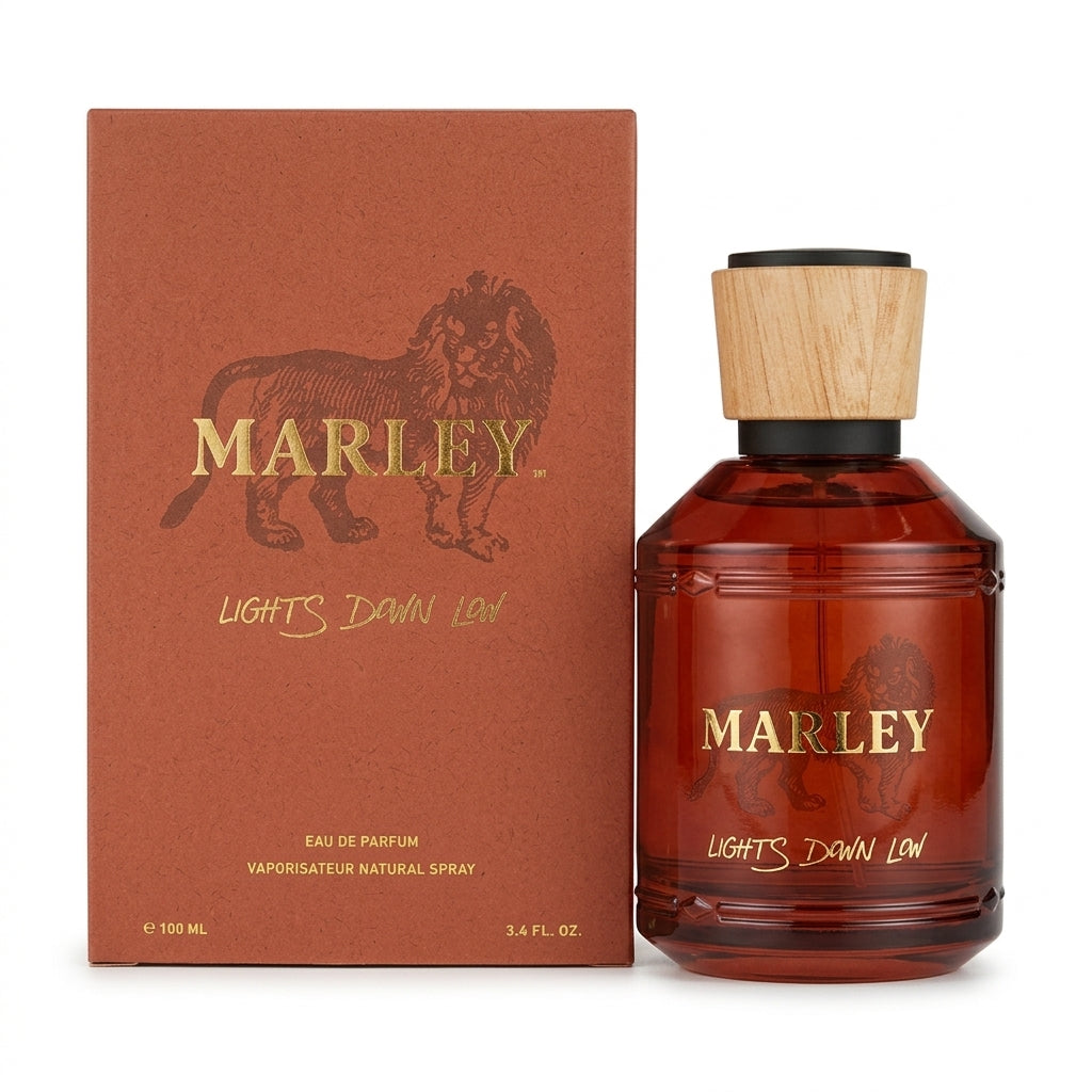 Marley Lights Down Low Eau De Parfum 100ml bottle standing next to terracotta display box on pure white background