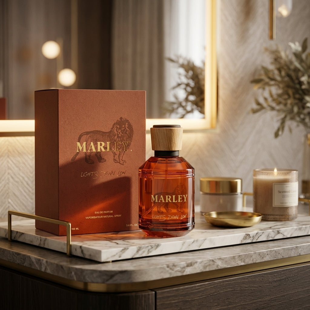 Marley Lights Down Low perfume bottle on a vanity tray next to brass accessories