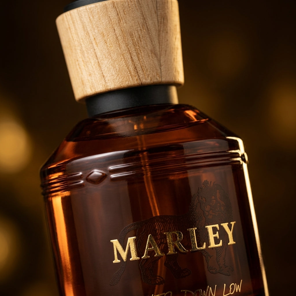 Close-up of Marley wood grain cap and gold lettering on amber glass bottle