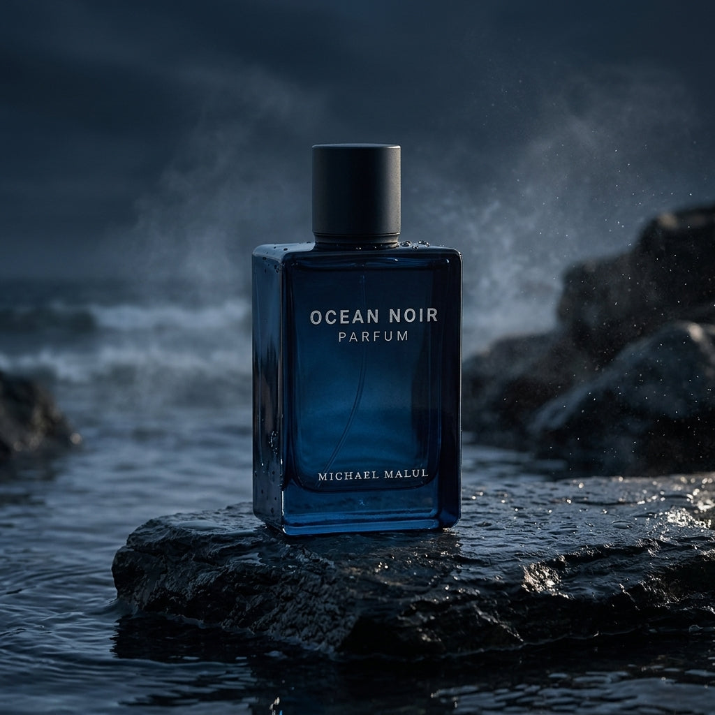 Michael Malul Ocean Noir Parfum bottle on wet dark slate rock with ocean spray mist