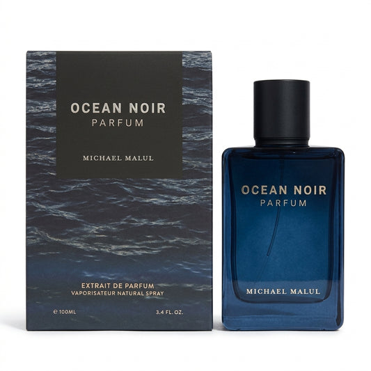 Michael Malul Ocean Noir Parfum 100ml bottle with retail box on pure white background