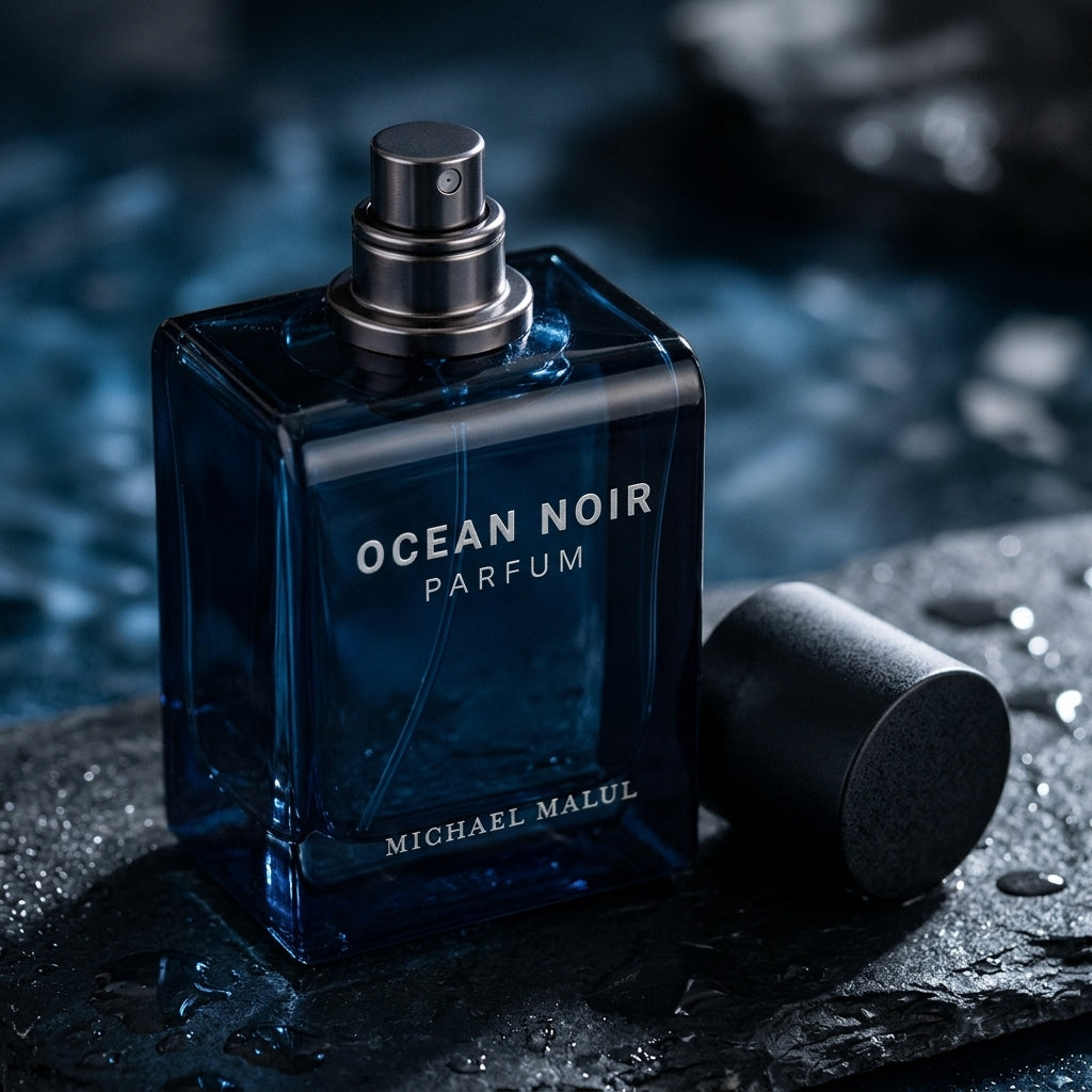 Macro close-up of Michael Malul Ocean Noir matte black cap and spray nozzle